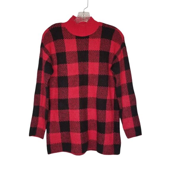 LOFT Red Black Buffalo Plaid Sweater Mock Neck Wool Blend Petite Med Cozy Soft - Picture 1 of 8
